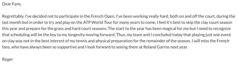 Federer ne jouera pas Roland Garros