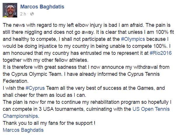 Baghdatis déclare forfait pour les Jeux Olympiques de Rio ! Le Chypriote n'est pas totalement remis de sa blessure au coude
