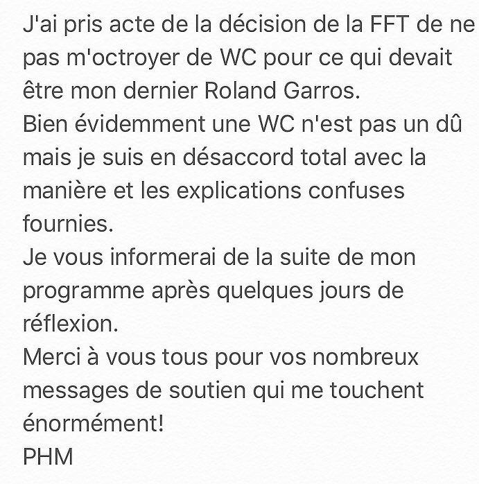 Pour son dernier Roland Garros, Paul-Henri Mathieu n'a pas reçu de wild-card de la part de la FFT