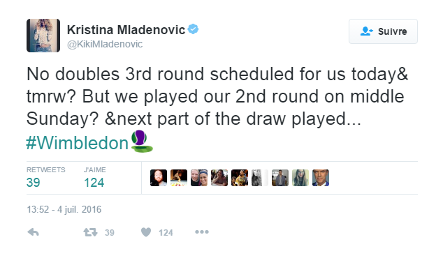 Mladenovic se plaint à son tour de la programmation à Wimbledon, son 3e tour en double avec Garcia n'étant toujours pas programmé ce mardi