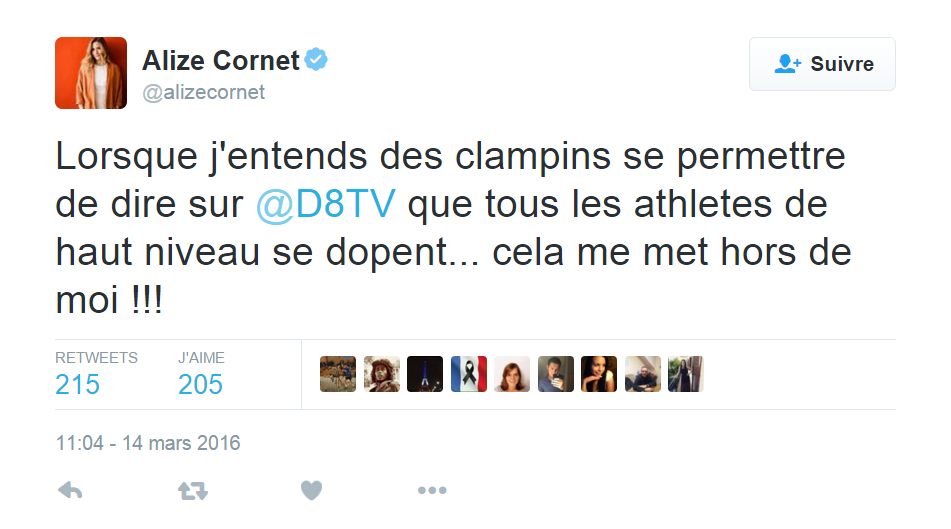 Cornet critique les chroniqueurs de Touche pas à mon Sport (émission de D8) après leurs propos sur le dopage dans le sport de haut niveau.