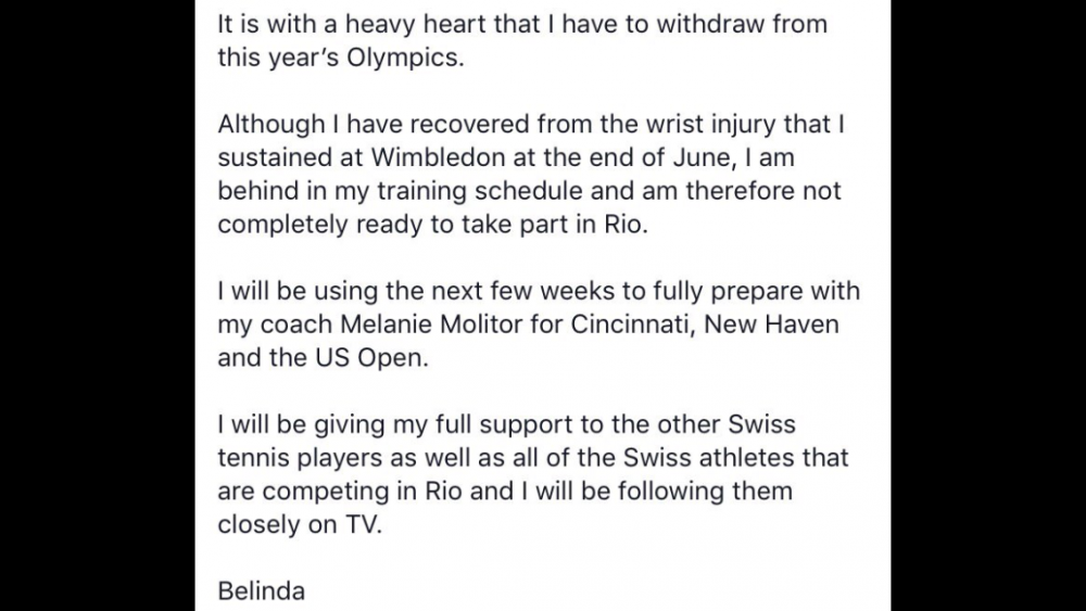 Belinda Bencic forfait pour Rio ! En effet, toujours pas remise de sa blessure au poignet gauche elle préfère rependre à Cincinnati