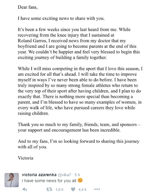 Azarenka annonce sa grossesse via une lettre publiée sur Twitter