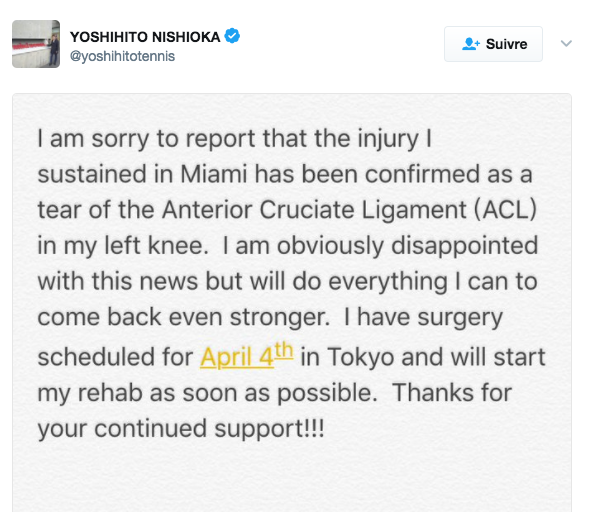 Blessure : Yoshihito Nishioka annonce qu'il va se faire opérer début avril en raison d'une déchirure des ligaments croisés du genou gauche