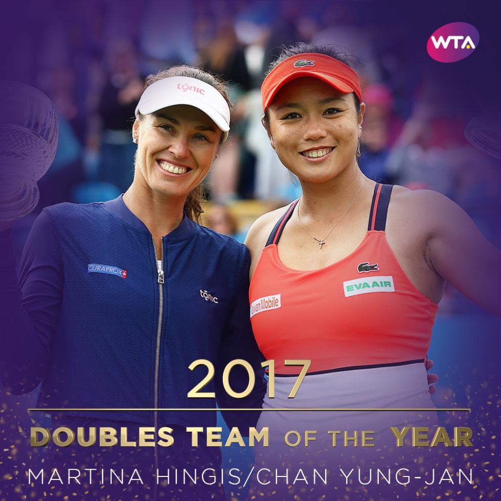 La paire Martina Hingis et Chan Yung-Jan élue meilleure équipe de doubles de l'année avec neuf titres remportés cette saison dont l'US Open