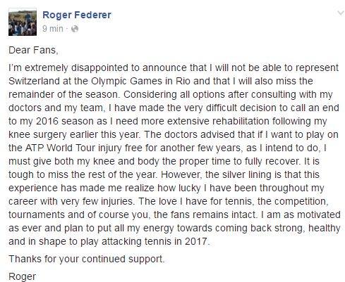 Federer forfait pour le reste de 2016
