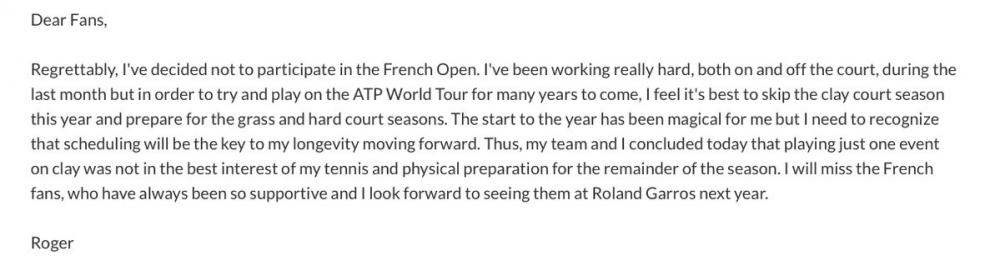 Federer ne participera pas à Roland-Garros cette année ! Il évoque le fait de vouloir se sentir prêt à 100% pour la saison sur herbe et dur