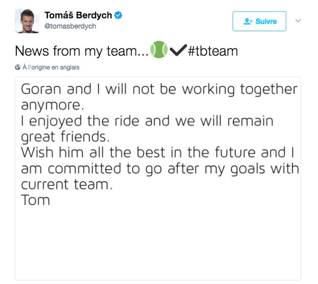 Tomas Berdych a annoncé la fin de sa collaboration avec Goran Ivanisevic