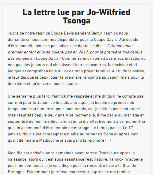 Tsonga annonce qu'il sera disponible pour la demi-finale de Coupe Davis face à la Serbie dans une lettre lue aux journalistes à Monte-Carlo.