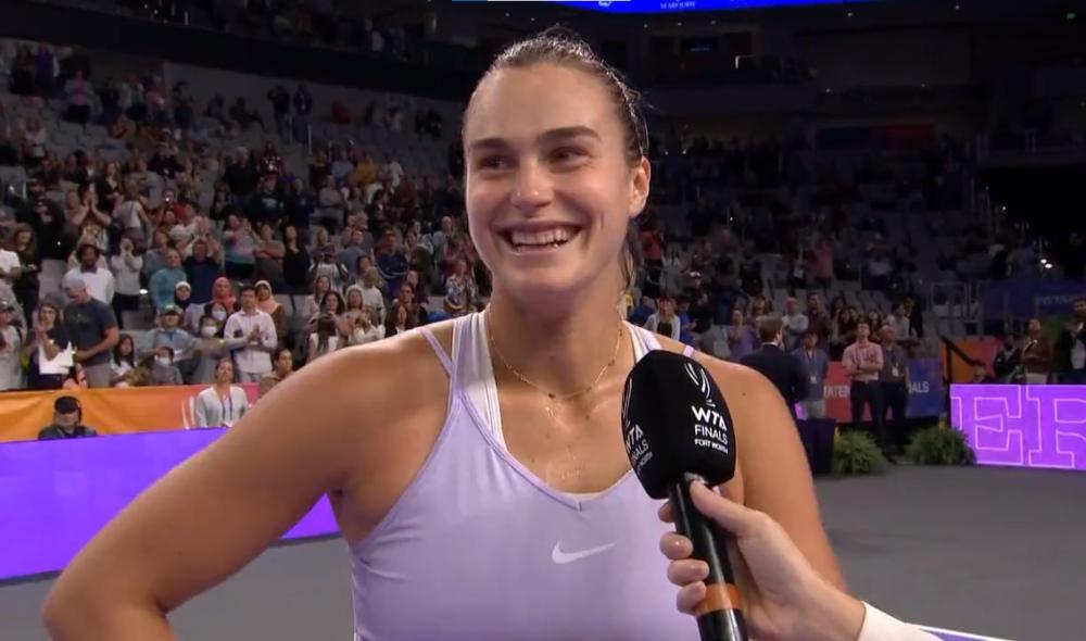 Sabalenka: I'm not gonna say thank you to my team, because so many double fault, you're such a bad team (laugh)