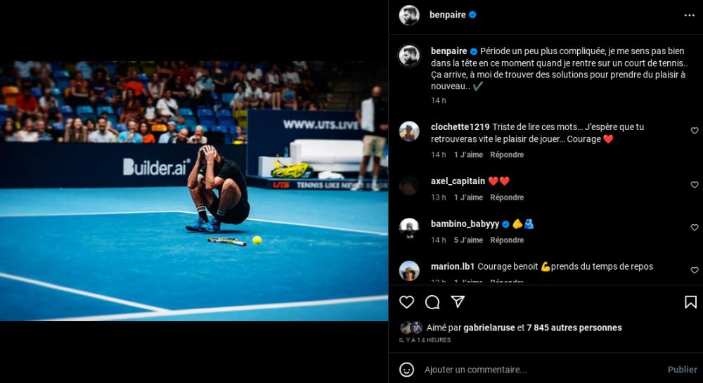 Benoît Paire en détresse sur son compte Instagram : Période un peu plus compliquée, je me sens pas bien dans la tête en ce moment quand je rentre sur un court de tennis