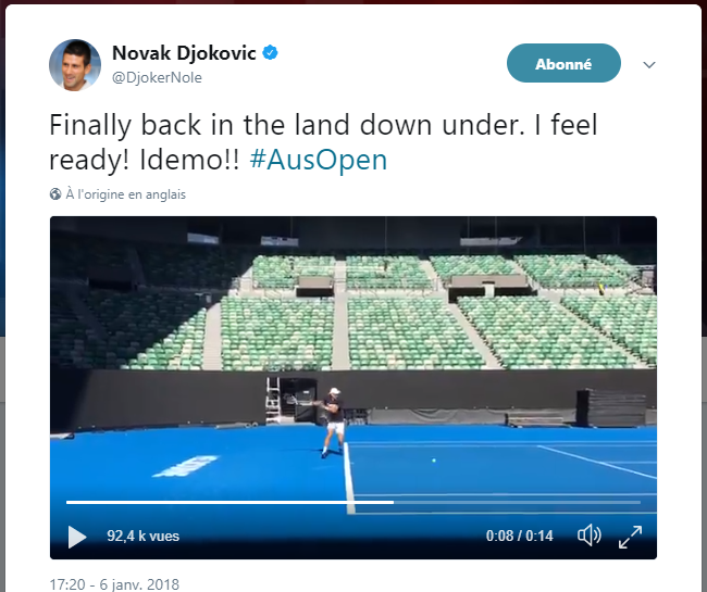 Novak Djokovic dans un tweet très encourageant : Enfin de retour sur le terrain. Je me sens prêt 