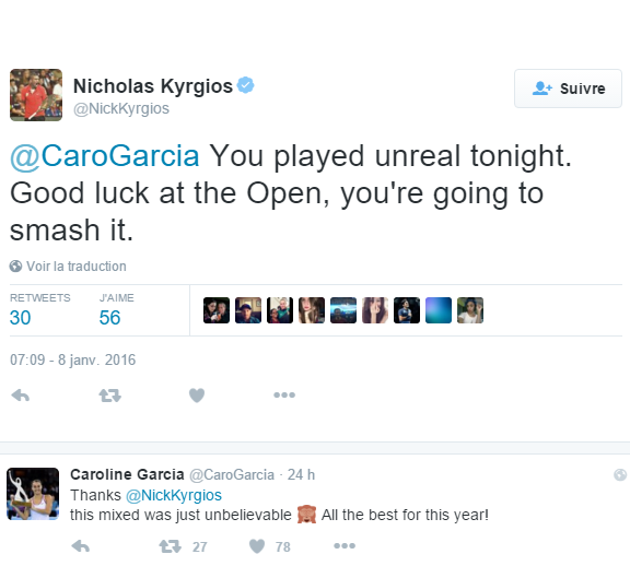 Garcia a réussi un ace en double mixte contre Kyrgios, qui en a jeté sa raquette, mais il l'a félicitée sur Twitter après la rencontre.