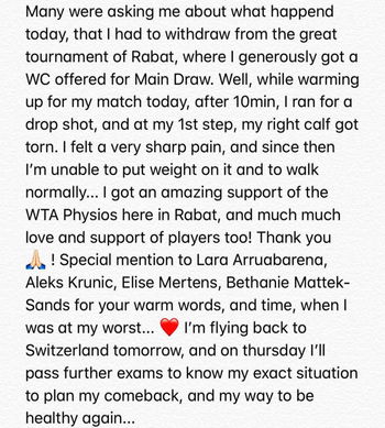 Bacsinszky a déclaré forfait avant son 1er tour à Rabat, où elle était wild-card