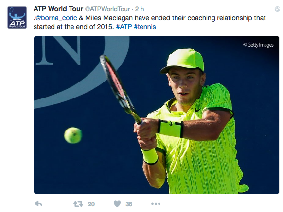 Borna Coric et Miles MacLagan ont mis fin à leur collaboration qui avait débuté fin 2015