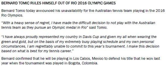 Tomic choisit de défendre ses 250 points de Bogota (qui n'existe plus) en jouant au tournoi de Los Cabos, à la place des Jeux Olympiques