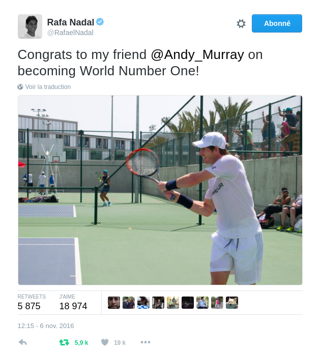 Nadal avait aussi félicité Murray dès dimanche via Twitter : 
