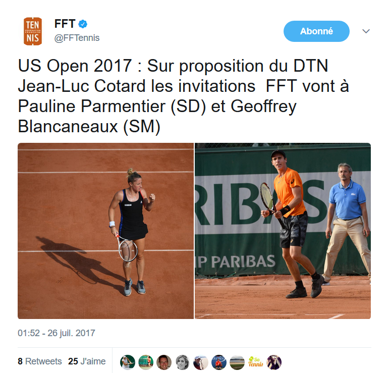 US Open 2017: Blancaneaux et Parmentier reçoivent les invitations de la FFT