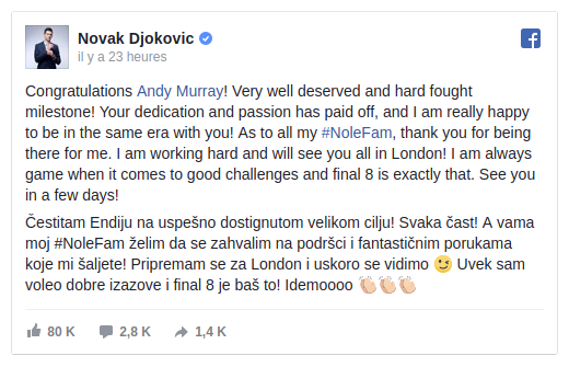 Djokovic : Félicitations Andy 