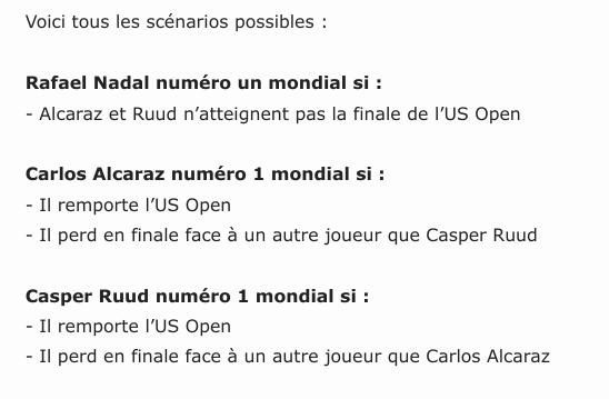 Trois joueurs peuvent désormais finir n°1 mondial à la fin de l'US Open 2022 après la défaite de Medvedev, à savoir Nadal, Alcaraz et Ruud.