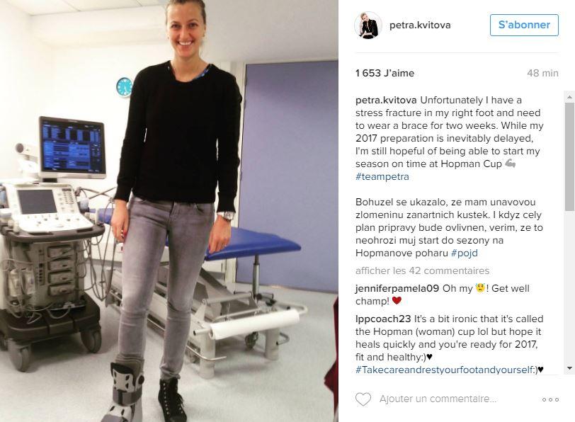 Petra Kvitova victime d'une fracture de stress au pied droit